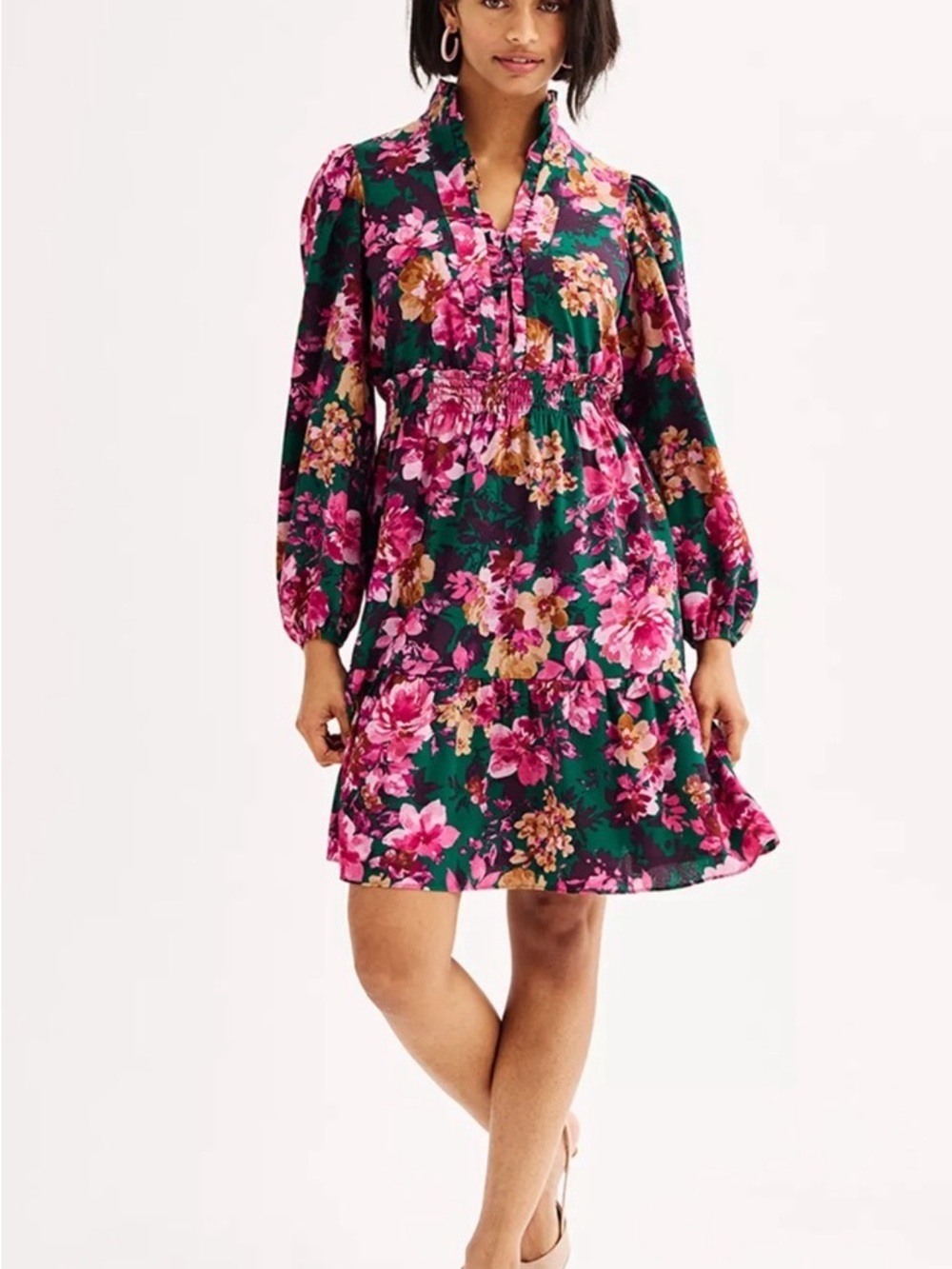 London Times Pink and Green Floral Ruffle Blouse